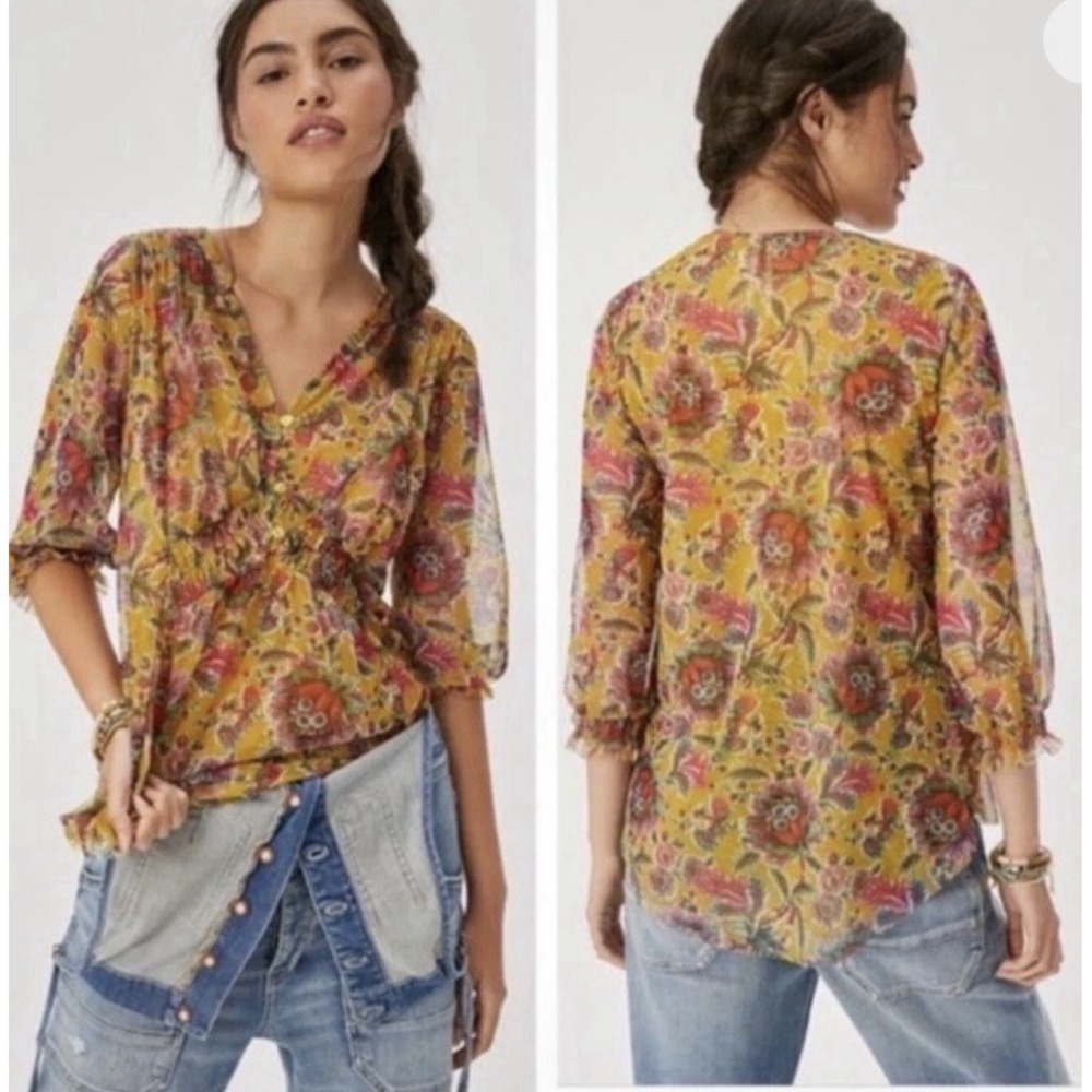 Anthropologie Mesh Floral Blouse Womens L Yellow Boho Whimsigoth Romantic Top
